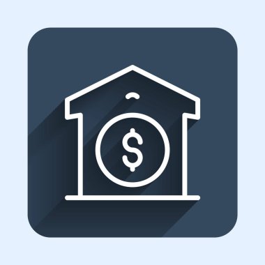 White line Warehouse price icon isolated with long shadow background. Blue square button. Vector
