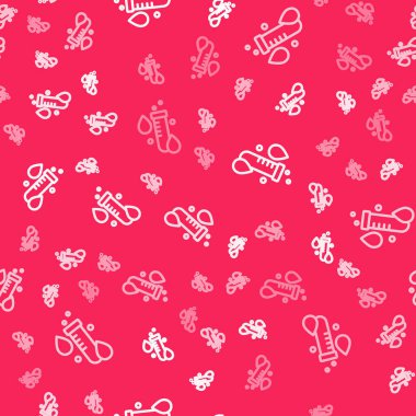 White line Test tube with water drop icon isolated seamless pattern on red background.  Vector