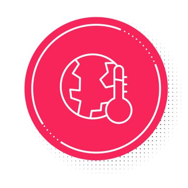 White line Planet earth melting to global warming icon isolated on white background. Ecological problems and solutions - thermometer. Red circle button. Vector