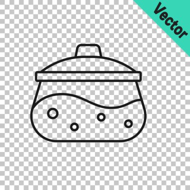 Şeffaf arkaplanda siyah çizgili tencere simgesi izole edildi. Haşlama ya da güveç besin sembolü. Vektör