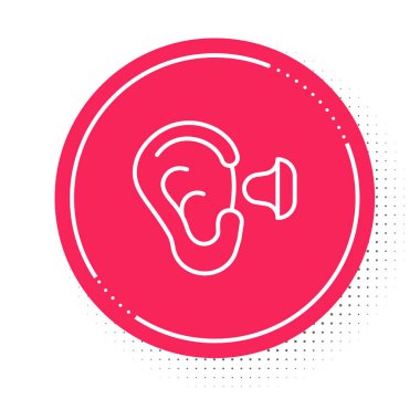 Beyaz çizgi kulak tıkaçları ve kulak ikonu beyaz arka planda izole edilmiş. Kulak tıkacı işareti. Gürültü sembolü. Uyku kalitesi konsepti. Kırmızı daire düğmesi. Vektör