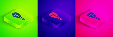 Isometric line Tennis racket icon isolated on green, blue and pink background. Sport equipment. Square button. Vector