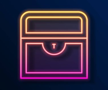 Parlayan neon hattı Antika hazine sandığı simgesi siyah arka planda izole edildi. Altın sikkeli klasik tahta sandık. Vektör