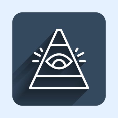 White line Masons symbol All-seeing eye of God icon isolated with long shadow background. The eye of Providence in the triangle. Blue square button. Vector
