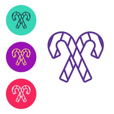 Beyaz arka planda izole edilmiş çizgili Noel şekeri çizgisi. Mutlu Noeller ve mutlu yıllar. Simgeleri renklendirin. Vektör