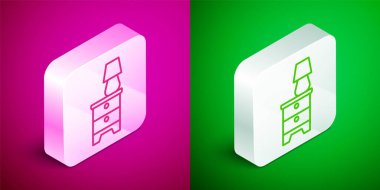 Isometric line Furniture nightstand with lamp icon isolated on pink and green background. Silver square button. Vector