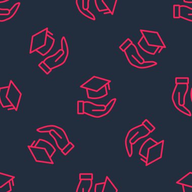 Kırmızı çizgi Eğitim bursu simgesi siyah arka planda izole edilmiş. Okul ücreti, finansal eğitim, bütçe fonu, burs programı, mezuniyet şapkası. Vektör