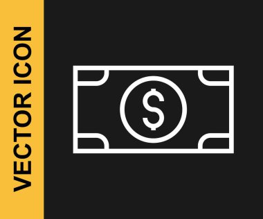 Beyaz çizgi, kağıt para yığını siyah arka planda izole nakit ikonu. Para desteleri. Para birimi. Vektör