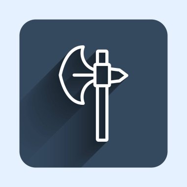 Beyaz çizgi Ortaçağ balta simgesi uzun gölge arkaplan izole. Savaş baltası, cellat baltası. Ortaçağ silahı. Mavi kare düğme. Vektör