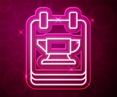 Parlayan neon hattı Demirci örs aracı simgesi kırmızı arkaplanda izole edildi. Metal dövmesi. Kalpazanlık aleti. Vektör