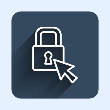 White line Lock icon isolated with long shadow background. Padlock sign. Security, safety, protection, privacy concept. Blue square button. Vector