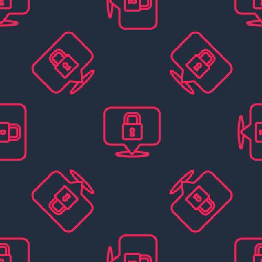 Red line Lock icon isolated seamless pattern on black background. Padlock sign. Security, safety, protection, privacy concept.  Vector