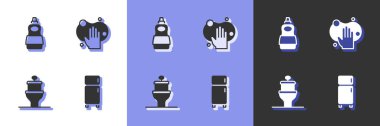 Set Refrigerator, Dishwashing liquid bottle, Toilet bowl and Sponge icon. Vector