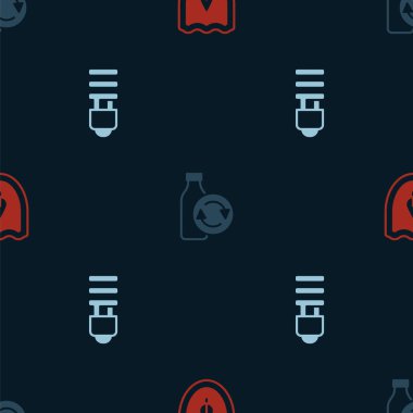 Set Shield with leaf, Recycling plastic bottle and LED light bulb on seamless pattern. Vector