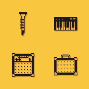 Set Clarinet, Guitar amplifier,  and Music synthesizer icon with long shadow. Vector