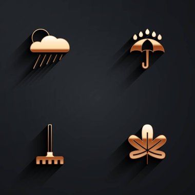 Set Cloud with rain and sun, Umbrella drops, Garden rake and Chestnut leaf icon with long shadow. Vector
