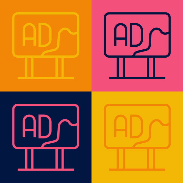 Pop art line Advertising icon isolated on color background. Concept of marketing and promotion process. Responsive ads. Social media advertising.  Vector