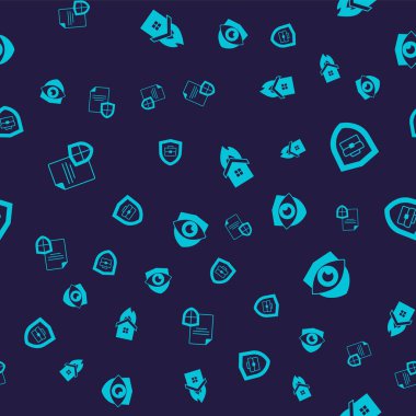 Set Contract with shield, Briefcase, Fire in burning house and Shield and eye on seamless pattern. Vector