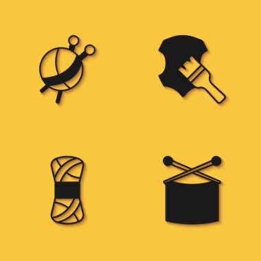 Set Yarn ball with knitting needles, Knitting,  and Leather icon with long shadow. Vector