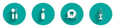 Set Dental mirror and probe, Electric toothbrush, Tooth and Syringe icon with long shadow. Vector