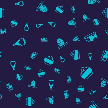 Set Soy sauce bottle, Served fish on plate, Chinese tea egg and Rice bowl on seamless pattern. Vector