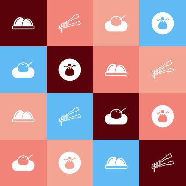 Set pop art Sushi, Food chopsticks with noodles, Mochi and Wonton icon. Vector