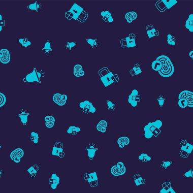 Set Ringing alarm bell, Fingerprint, Shield security with lock and Cloud computing on seamless pattern. Vector