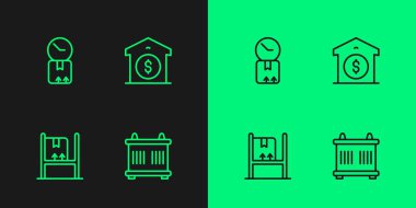 Set line Container, Warehouse interior with boxes, Cardboard clock and price icon. Vector