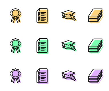 Set line Graduation cap with cursor, Online education diploma, quiz, test, survey and Book icon. Vector