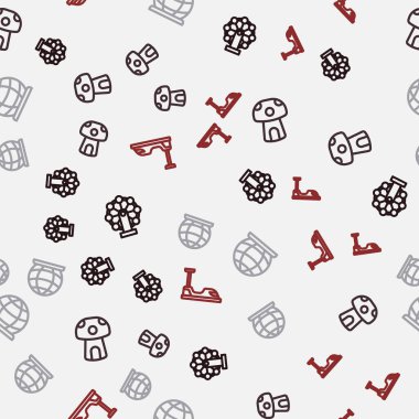Set line Ferris wheel, Mushroom house, Playground climbing equipment and Bumper car on seamless pattern. Vector