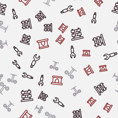 Set line Wrench spanner, End of railway tracks, Train traffic light and Railway tunnel on seamless pattern. Vector