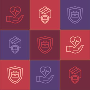 Set line Life insurance in hand, Briefcase with shield and Delivery security icon. Vector