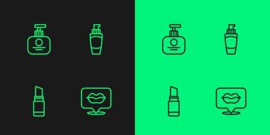 Set line Smiling lips, Lipstick, Tube of hand cream and  icon. Vector