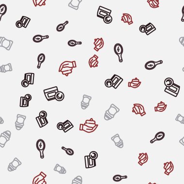 Set line Cream or lotion cosmetic tube, Hand mirror, Deodorant roll and Shaving foam hand on seamless pattern. Vector