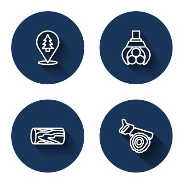 Set line Location of the forest, Grapple crane grabbed log, Wooden and Hand saw and with long shadow. Blue circle button. Vector