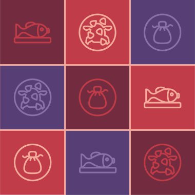 Set line Served fish on a plate, Wonton and Kung Pao chicken icon. Vector