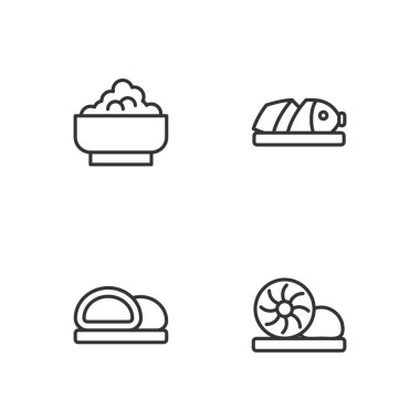 Set line Xiao long bao, Sushi, Rice in bowl and Fish with sliced pieces icon. Vector