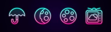 Set line Umbrella, Moon phases,  and Weather forecast. Glowing neon icon. Vector