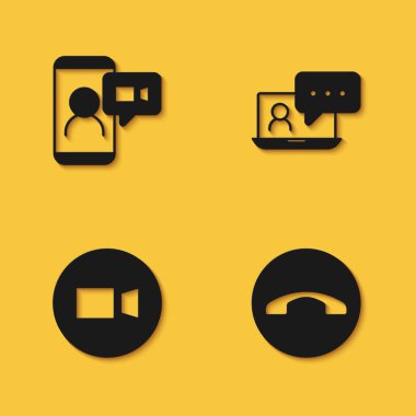 Set Video chat conference Telephone handset and icon with long shadow. Vector.