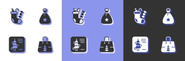 Set Christmas shopping bag stocking postcard and Santa Claus gift icon. Vector.