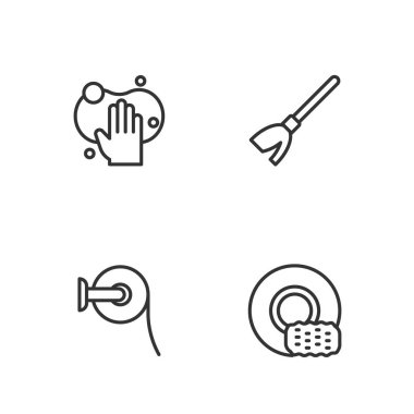 Set line Washing dishes Toilet paper roll Sponge and Handle broom icon. Vector.
