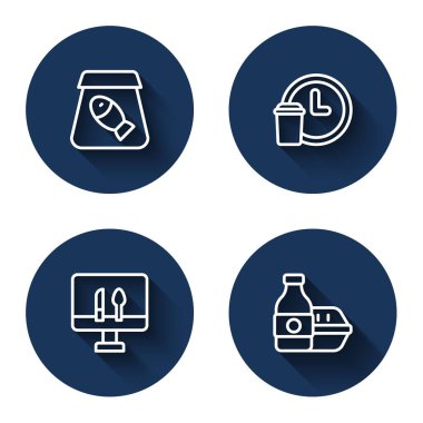 Set line Online ordering fish Round the clock delivery food and with long shadow. Blue circle button. Vector.