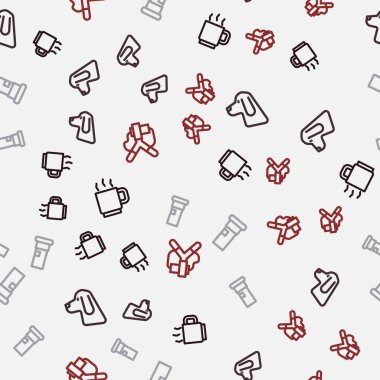 Set line Coffee cup Hunting dog Cartridges and Slingshot on seamless pattern. Vector.