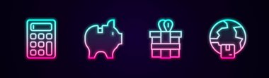 Set line Calculator Piggy bank Gift box and Worldwide shipping. Glowing neon icon. Vector.