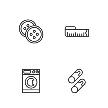 Set line Closed steel safety pin Washer Sewing button for clothes and Tape measure icon. Vector.