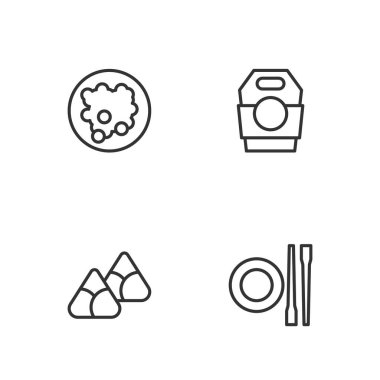 Set line Food chopsticks with plate Zongzi in bamboo steamer Rice bowl and Asian noodles paper box icon. Vector.