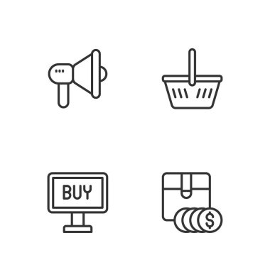 Set line Item price tag with dollar Buy button Megaphone and Shopping basket icon. Vector.