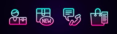 Set line Buyer New collection Telephone 24 hours support and Shopping list. Glowing neon icon. Vector.