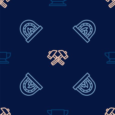 Set line Blacksmith anvil tool oven and Crossed hammer on seamless pattern. Vector.