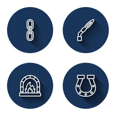 Set line Chain link Welding torch Blacksmith oven and Horseshoe with long shadow. Blue circle button. Vector.